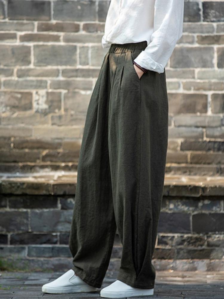Johnature Women Loose Cotton Linen Casual Pants Solid Color Elastic Waist Lantern Pants Spring Female Trousers