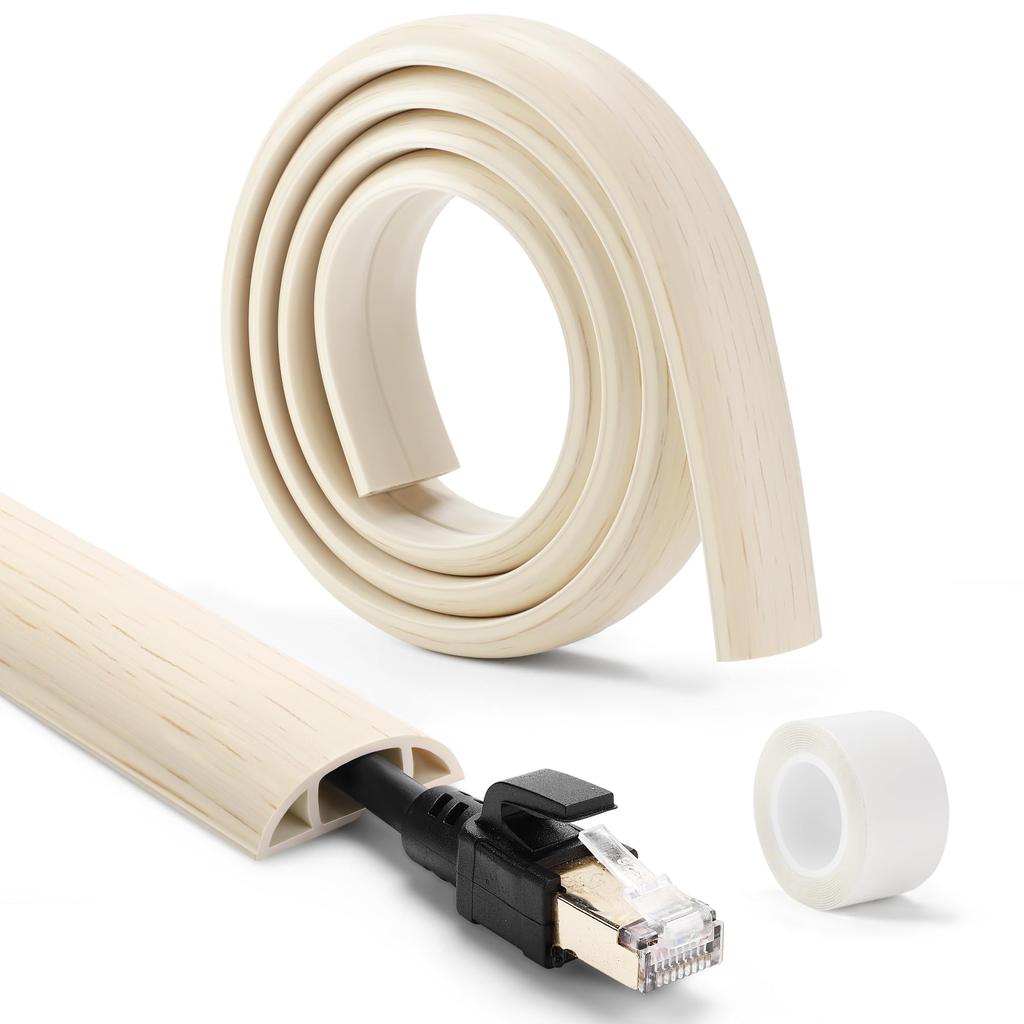 ZhiYo Напольный кабель-канал, Бежевый под дерево, Длина 3 м, Ширина 3 см, Напольная кабельная муфта с лентой, Предотвращает спотыкание о провода, и