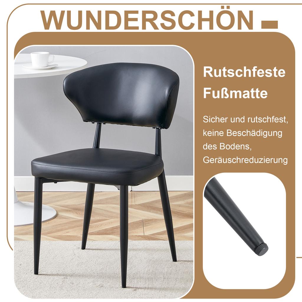 Modern minimalist round table set (2 black PU armchairs, curved backrest), 100 cm diameter table in wood look. For dining room & kitchen.