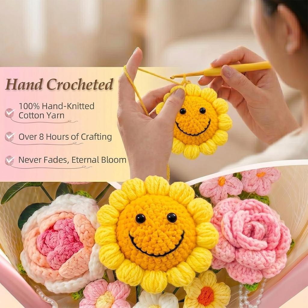 Graduation Crochet Bouquet Class of 2026, Kawaii Smiling Sunflower Handmade Pink Knitted Flower Bouquet with Bag & Card, College Graduation Gift