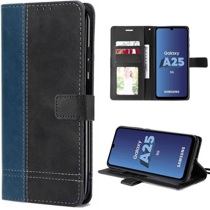 Coque de protection - BOOLING - pour Samsung Galaxy A25 5G - Effet Cuir Bicolore - Porte-cartes - Bleu Marine