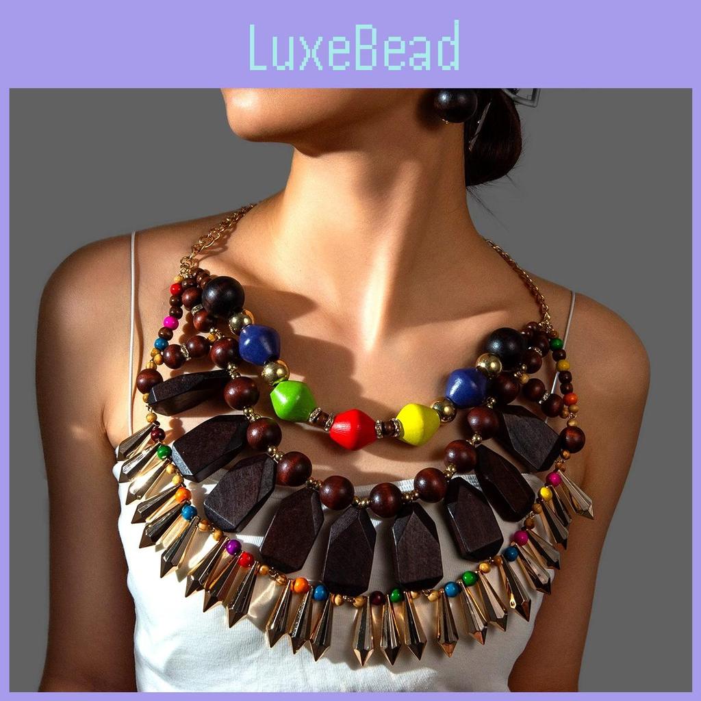 Unique Irregular Wooden Bead Necklace And Earrings Set With Sparkling Rhinestones For Summer Outfits