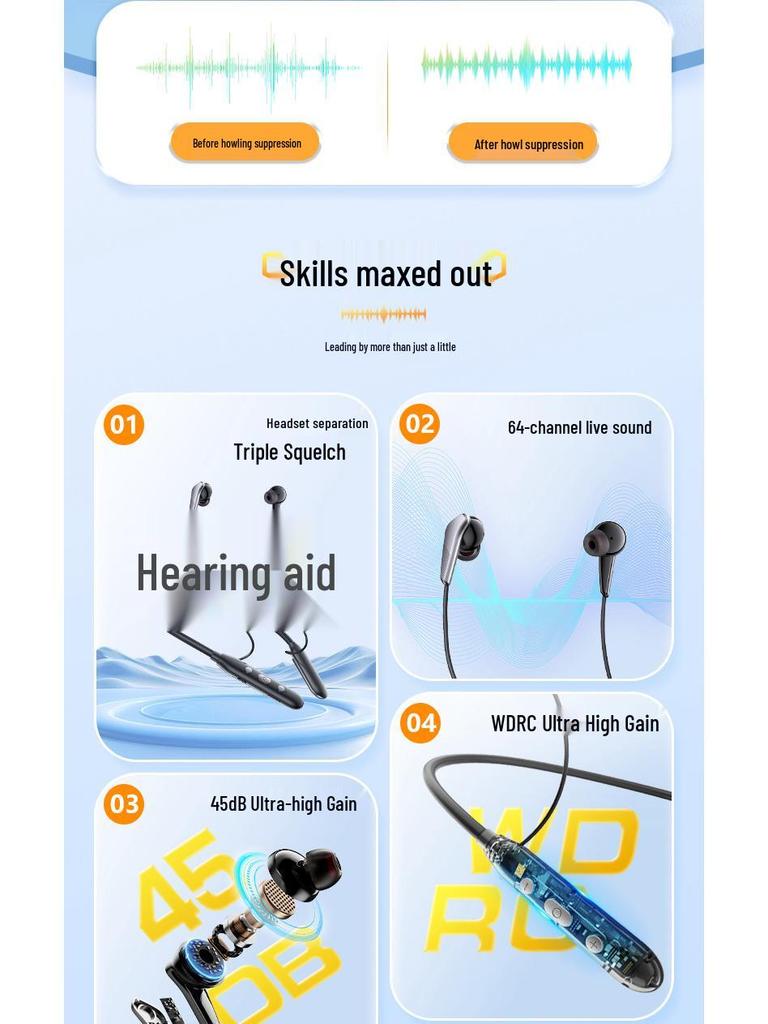 Q80 Высококачественный заушный слуховой аппарат с шейным креплением для пожилых и молодых, большая батарея, защита от потери, Bluetooth, шумоподавление