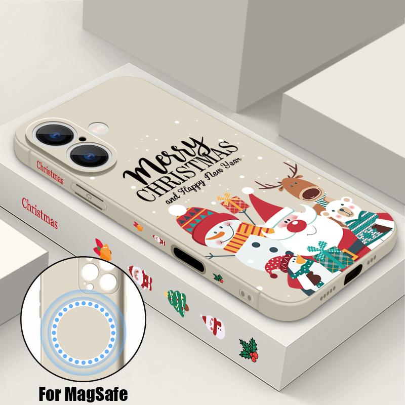 Christmas Elk Santa Pattern Slim Magnetic Cover For Iphone 16e 15 Pro Max 14 13 12 Pro 11 For Magsafe Matte Shockproof Soft Tpu Lanyard Phone Case