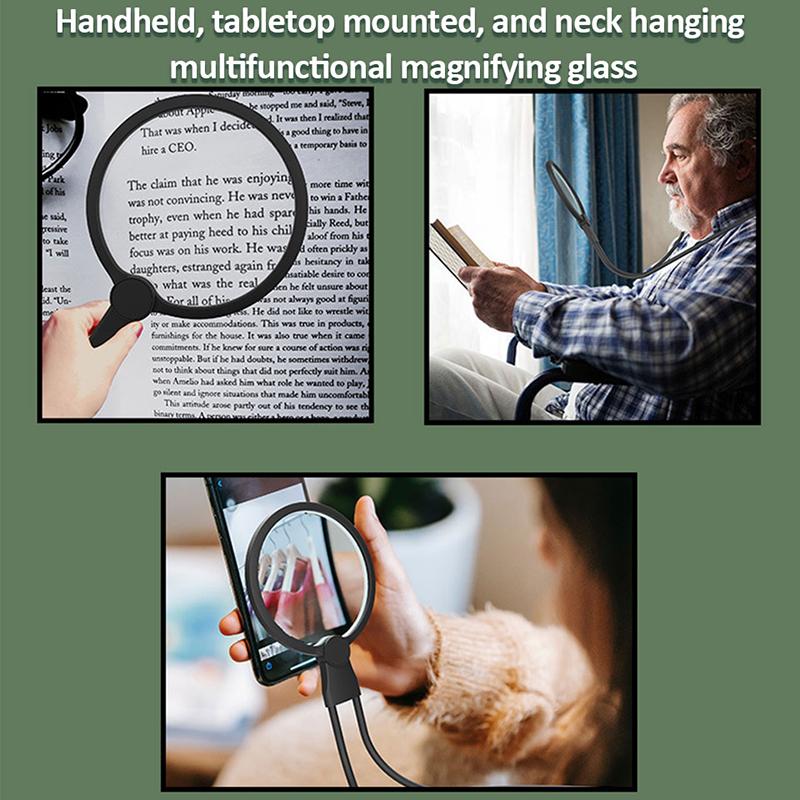 Большая линза, перезаряжаемая лупа с 24 светодиодами, многоцелевая портативная лупа HD, на шее/ручная/настольная для чтения ювелирных изделий