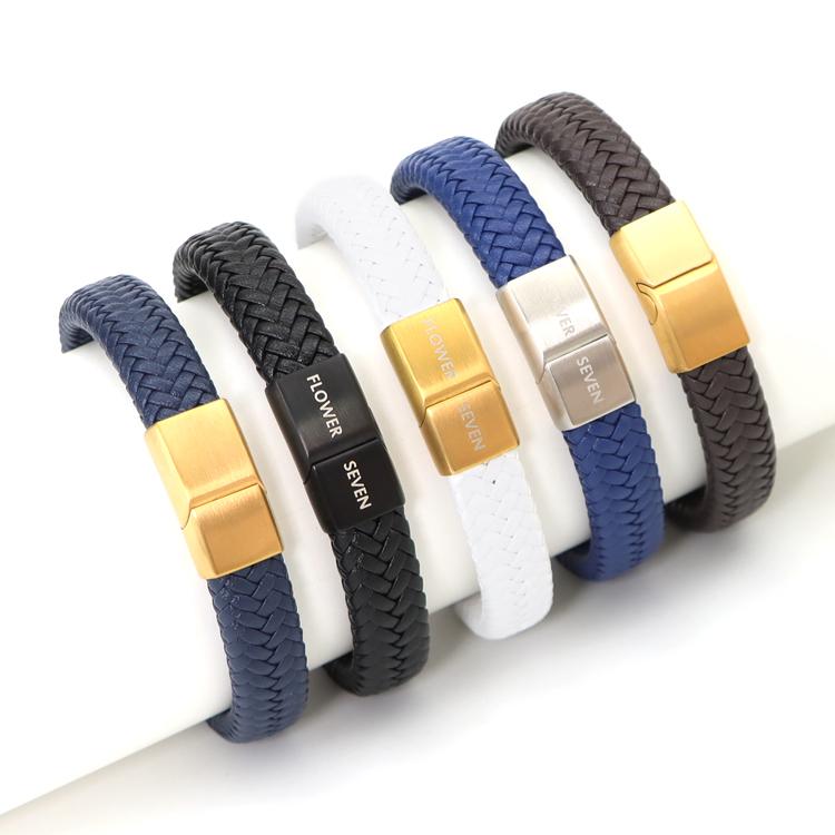 High Quality Multicolor Orange Leather Bracelet Stainless Steel Magnetic buckle Stain Genuine Braided Leather Men Bracelet
