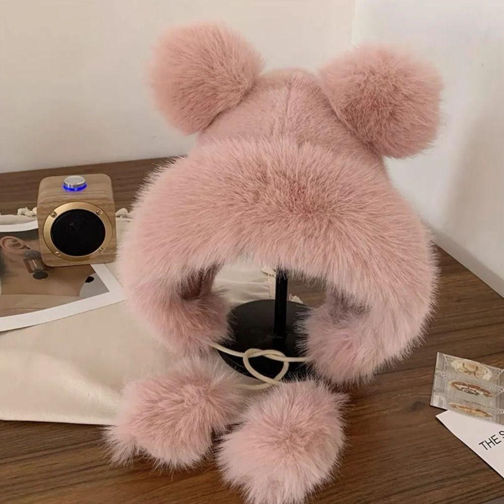 Утолщенная милая шапка с ушками медведя, теплая женская пушистая шапка, модная панама из искусственного меха, для девочек