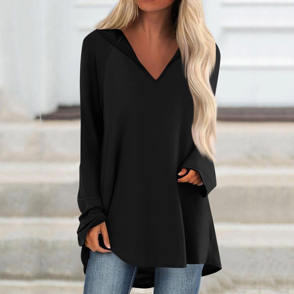 Женские свободные топы с V-образным вырезом и капюшоном с длинными рукавами, повседневные топы, домашние пижамы для отдыха, топы