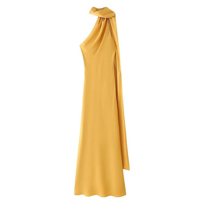 Womens Satin Evening Dress Solid Color Halter Neck Slanted Shoulder Party Gown