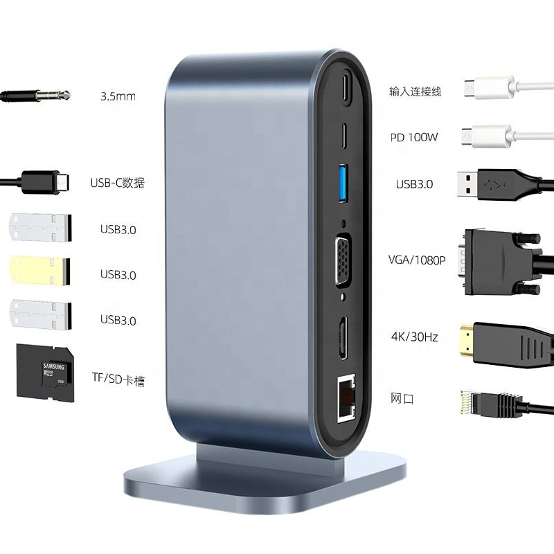 12-в-1 Хаб Type C на Multi 4KHD RJ45 VGA 4 USB 3.0 PD Адаптер питания Док-станция Настольная Портативная