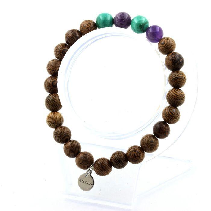 Stones and Minerals. Malachite Beads Bracelet from Congo + Amethyst + Wood 8 Mm. Made In France.