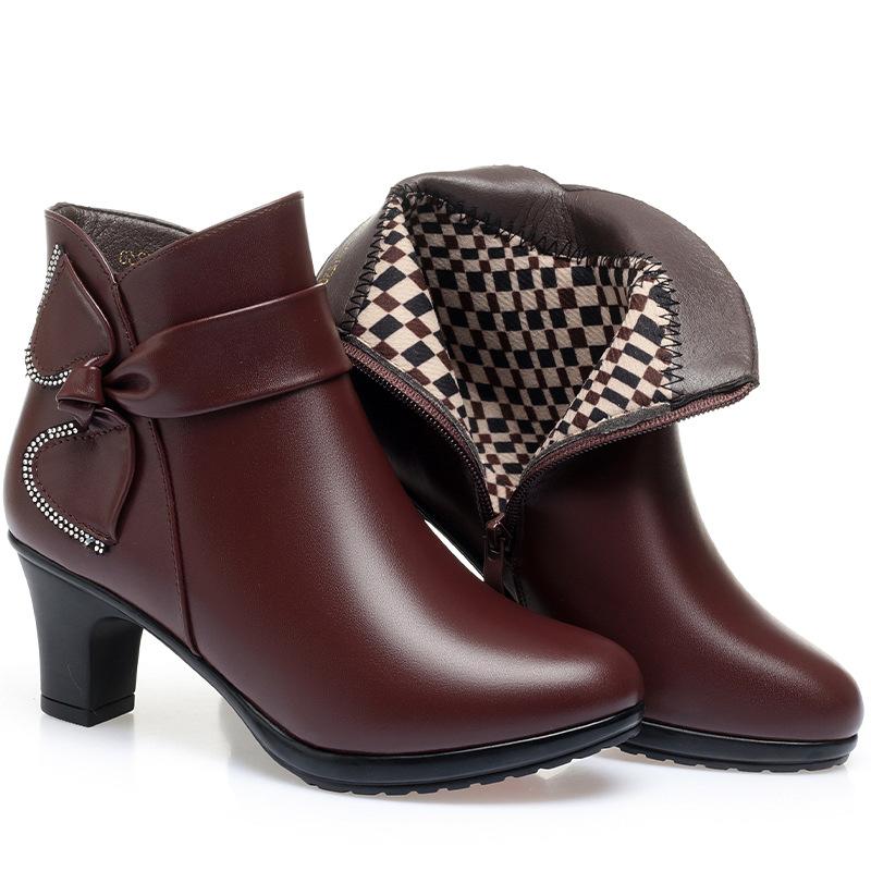 Женские туфли на высоком каблуке, ботильоны из мягкой кожи, осенне-зимние плюшевые сапоги для снега, брендовые, с острым носком, на среднем каблуке, мамины хлопковые туфли