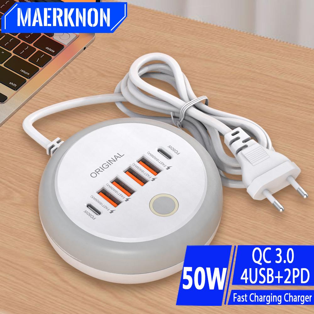 Multi Ports PD Type C Fast Charging Wall Charger 50W USB Charger USB Hub For Samsung EU/US/UK Plug Phone Charger