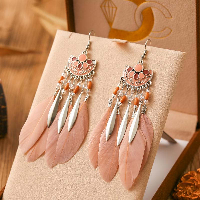 New Drop Oil Fan Shaped Feather Earrings for Women Fashion Bohemian Long Silver Color Metal Rice Bead Dangle Earring Jewelry
