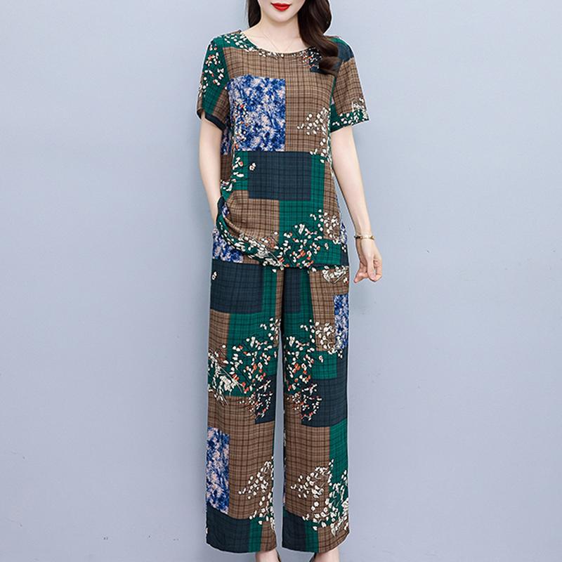 Летние комплекты с широкими брюками больших размеров с винтажным принтом, повседневные элегантные свободные комплекты для женщин, комплект из 2 предметов
