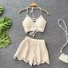 Summer Elegant Knit Two Piece Sets Women Vacation Backless Camisole Elastic Waist Shorts Fashion Hollow Out Y2K Beach Style Suits