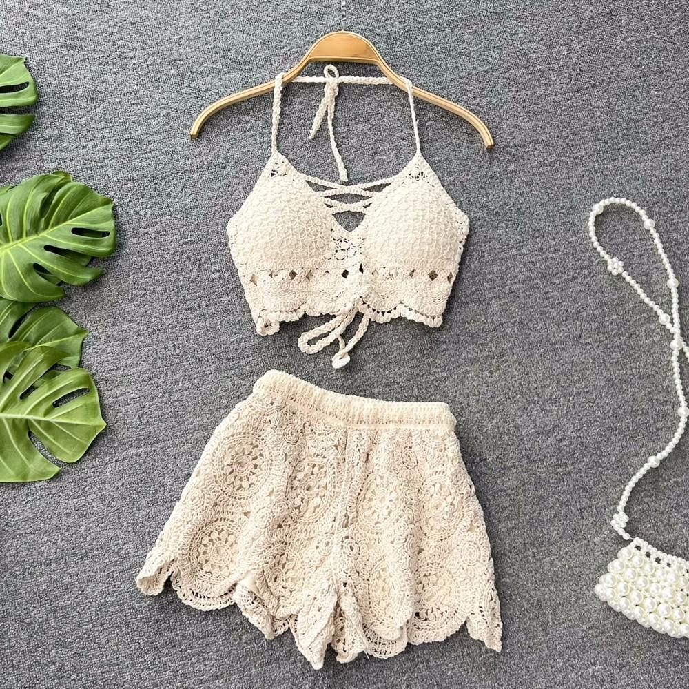 Summer Elegant Knit Two Piece Sets Women Vacation Backless Camisole Elastic Waist Shorts Fashion Hollow Out Y2K Beach Style Suits