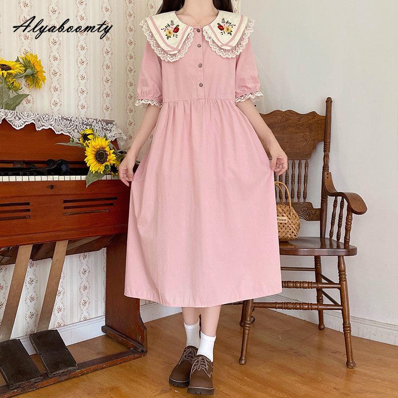 Японское летнее женское милое платье Mori Girl с воротником Питера Пэна, розовое, синее платье с цветочной вышивкой, милые платья Kawaii с кружевными оборками