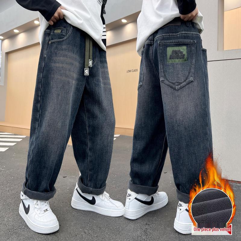 Детские зимние джинсы с толстой флисовой подкладкой - Теплые хлопковые брюки для детей среднего и старшего возраста (Коллекция 2025 г.)