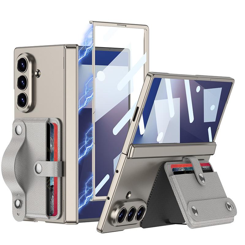 Чехол для Samsung Z Fold 7 с держателем для карт, ремешком на запястье, магнитной петлей, чехол с полным покрытием, ударопрочный, с подставкой, однотонный