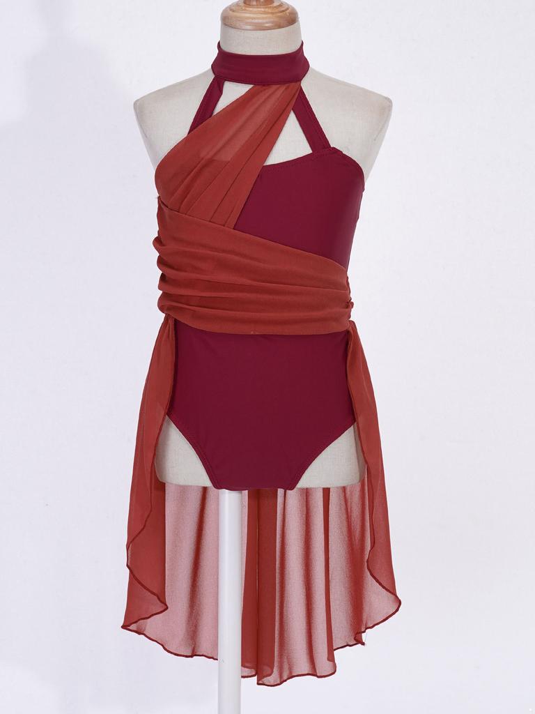 Детское гимнастическое танцевальное платье без рукавов для девочек, шифоновый лиф с рюшами, купальник, танцевальная одежда, костюм