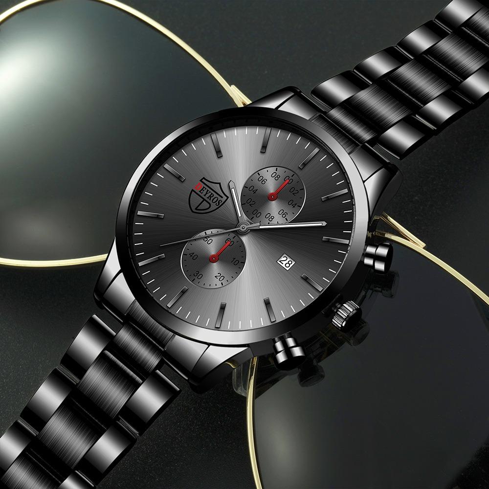 4pcs/set Simple Hands Round Black Quartz Watch and Black Cross Pendant Necklace, Ring, Bracelet Set, Gift To Him