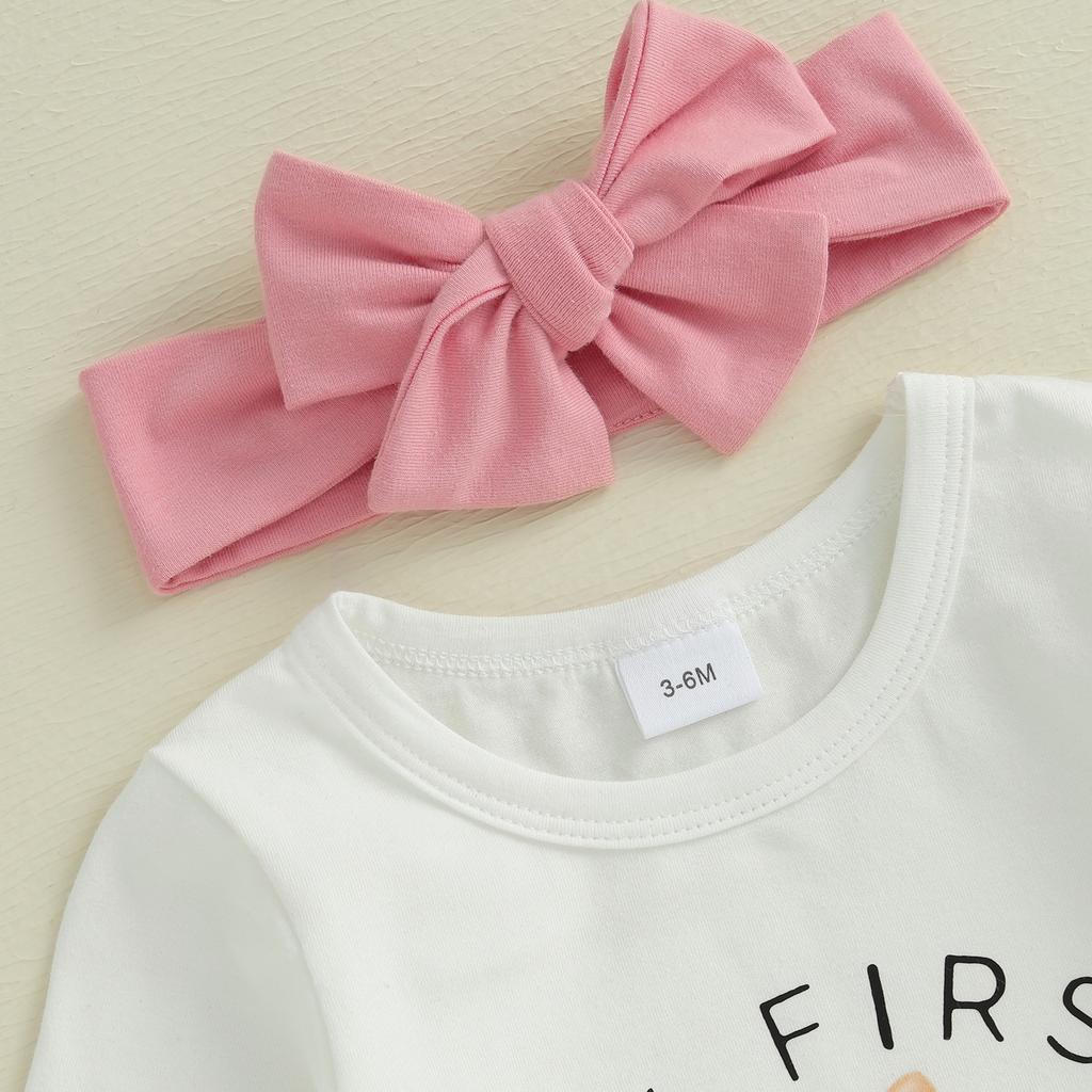 Детские пасхальные комплекты для девочек с расклешенными низами, комбинезон с длинными рукавами и круглым вырезом, с бантом и принтом кролика, штаны, комплекты с повязкой на голову