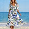 Women's Summer Fashion V-Neck Flared Dress Short Sleeve Floral Dresses