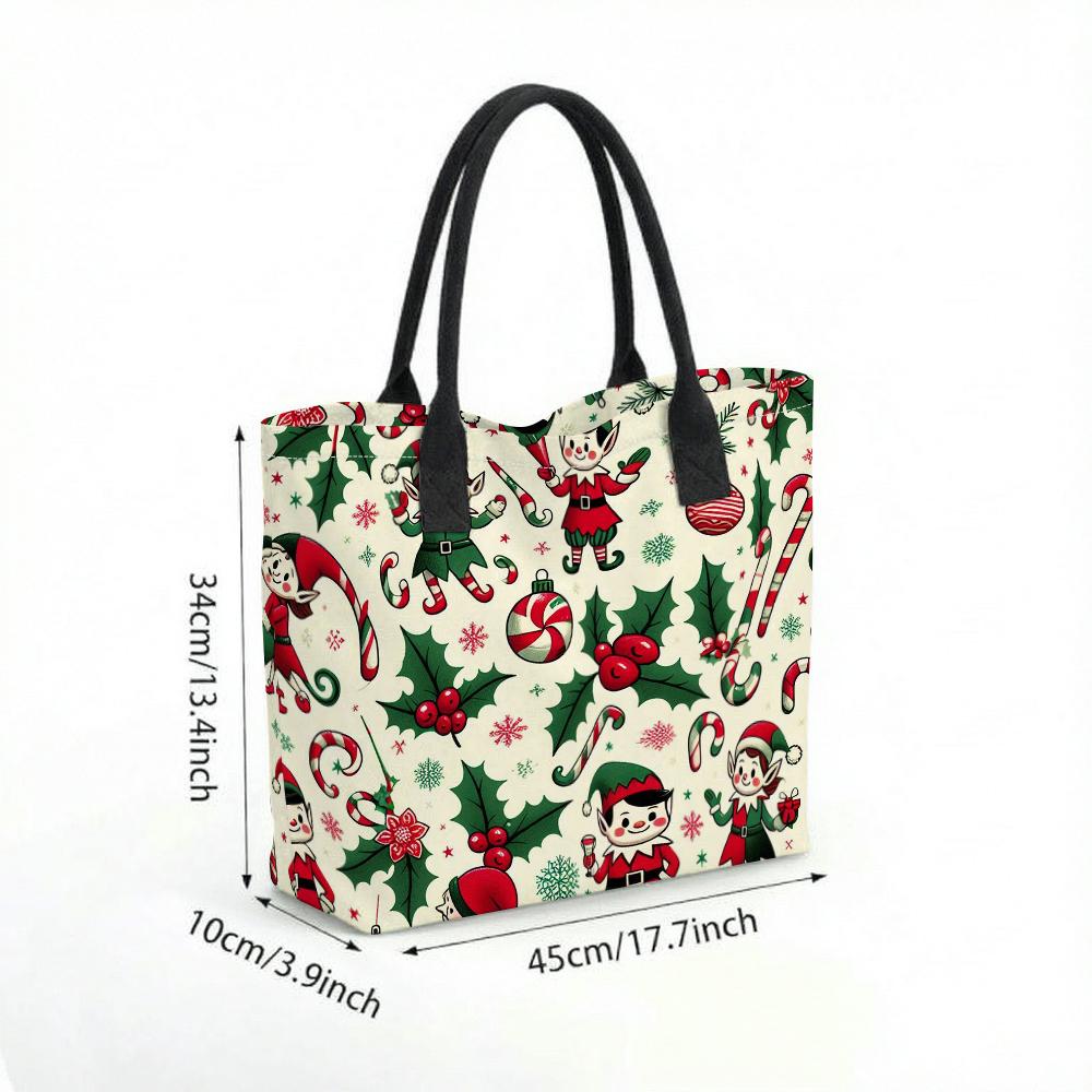 Christmas Elf Print Tote Bag Large Capacity Fashion Casual Shoulder Handbag for Holiday Daily Use