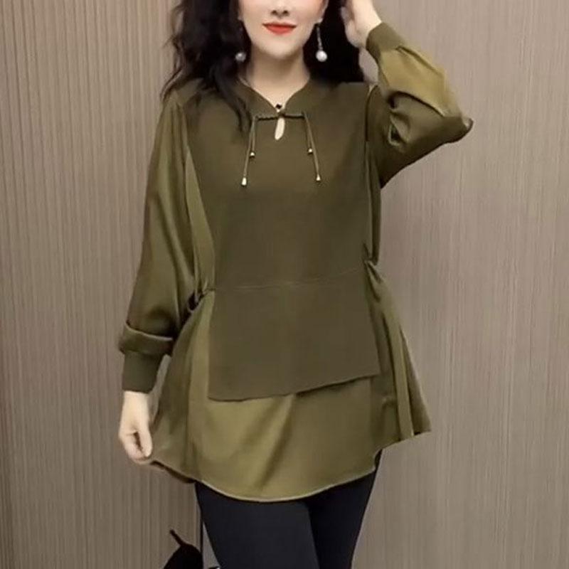 Рубашка женская свободного кроя в стиле пэчворк, имитирующая двойку, повседневная, с V-образным вырезом, модная, весенне-осенняя, винтажная блузка с китайской застежкой-пуговицей