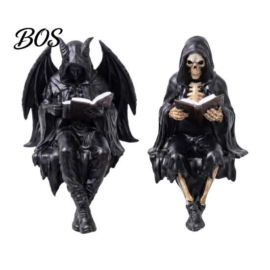 Skeleton Desktop Decor Halloween Reading Book Figurine, Spooky Devil Resin Sculpture, Gothic Ornament Black Robe Grim Reaper Statue for Home