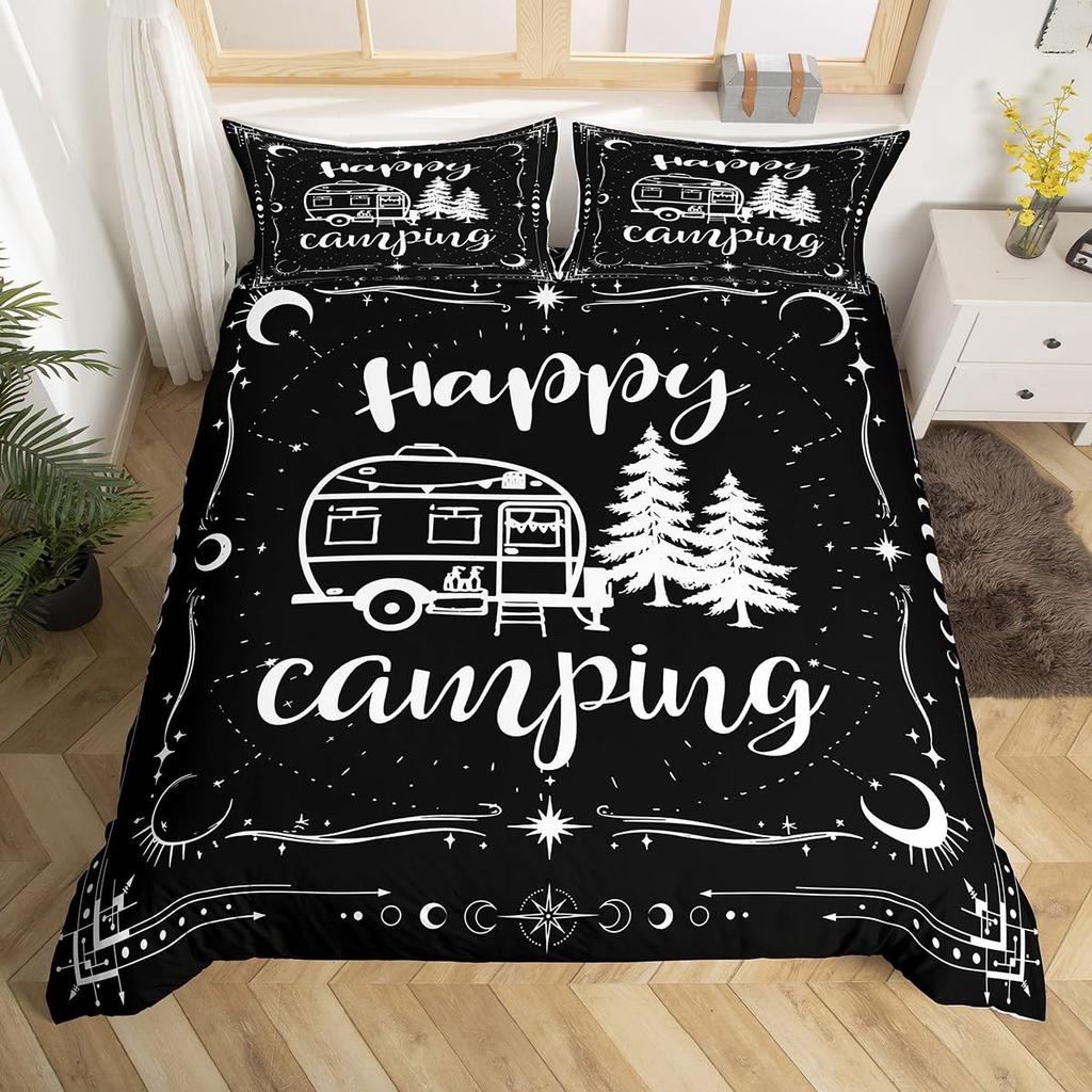 Camping Duvet Cover Lodge Cabin Camp Travel Car Bedding Set,Happy Glamping Trailer Comforter Cover Queen,Vintage Farmhouse Decor
