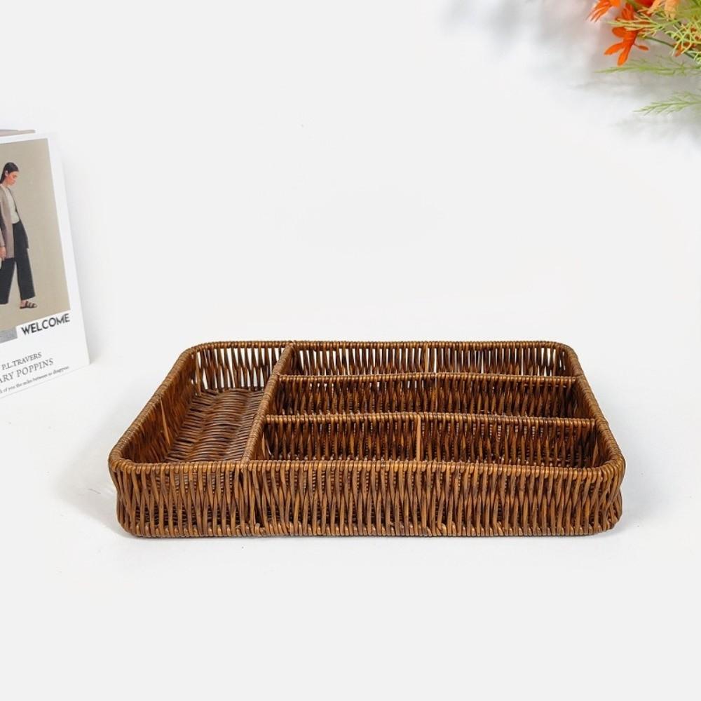 4 Grids Rattan Storage Basket Rectangular Cutlery Storage Basket For Kitchen Organizer