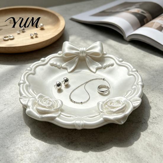Cute Desk Organizer for Women 3D Printed Bow And Rose Jewelry Tray, Decorative Bowknot Storage French Style Vanity Accessory Rings Earrings Necklaces,