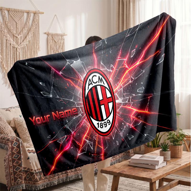 AC Milan Personalized Fleece Blanket With Football Logo, Custom Name Text Soft Warm Home Throw Blanket