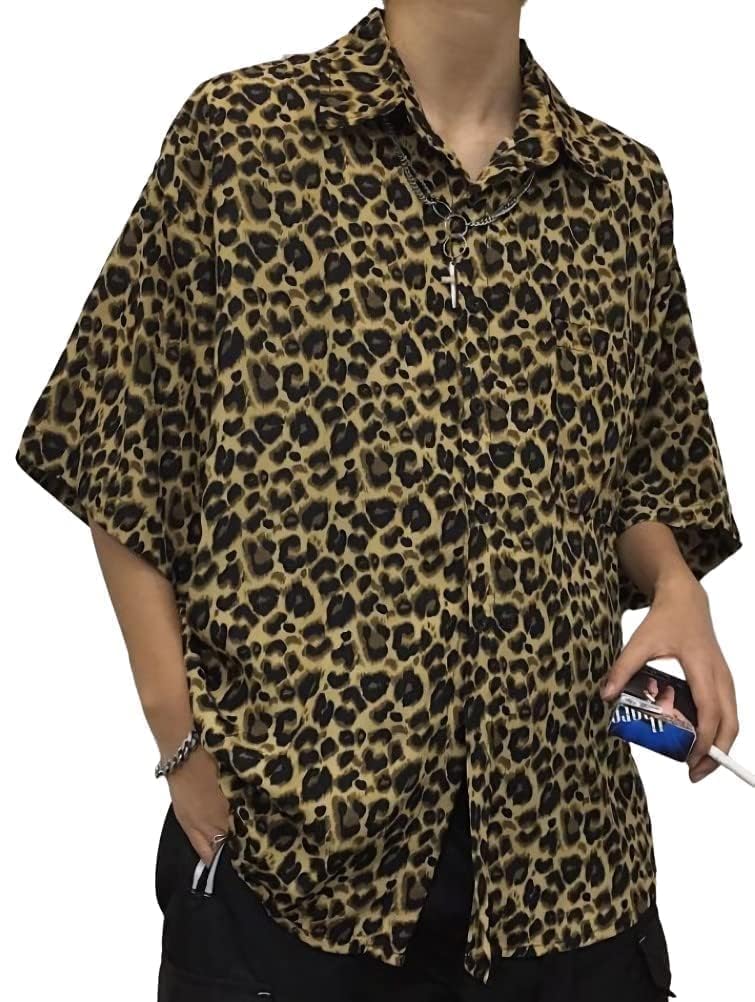Aspersio Leopard Print Collared Short Sleeve Stylish American Casual Style with Chest Aloha Open Front Animal Casual Open Print Shirt, Men's