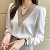 2024 Повседневная Свободная женская блузка с длинным рукавом Модная однотонная шифоновая женская рубашка с v-образным вырезом Свободная женская одежда 13366