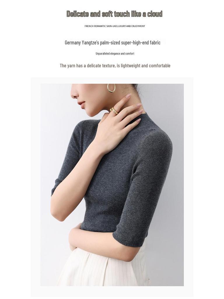 Ancola Women's Red Slim-Fit Wool Cardigan, Half-High Neck, Short Sleeves - 2025 Spring/Summer Thin Style Knitted Base Layer.