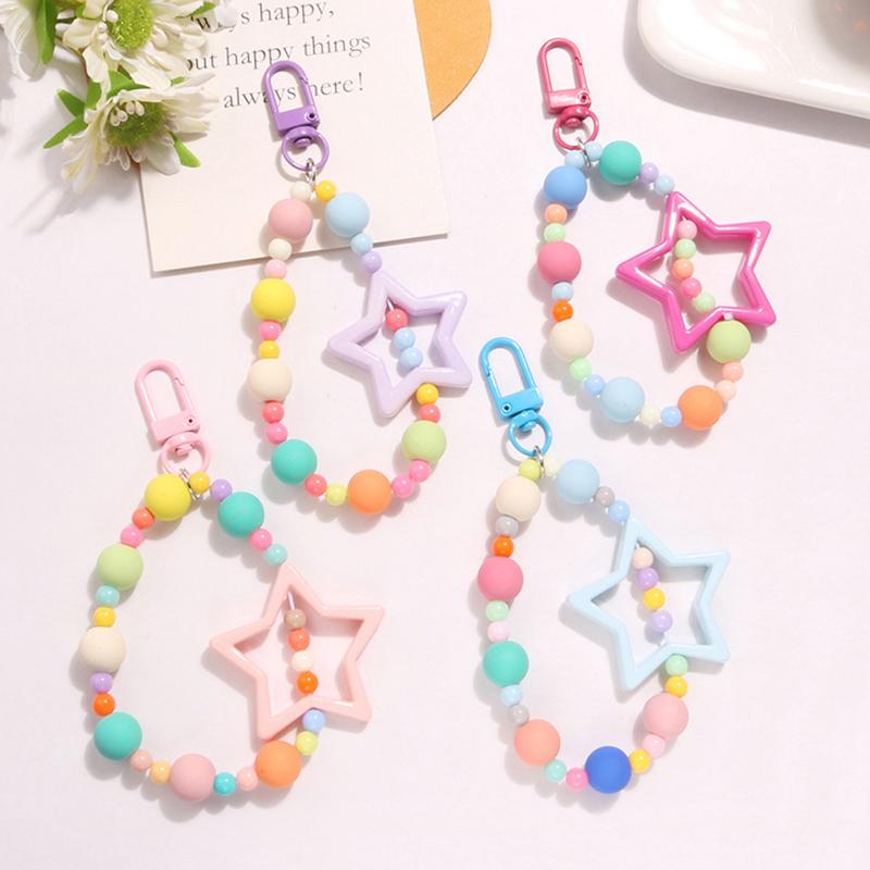 Colored Hollow Out Five-Pointed Star Keychain Pendant Dopamine Colorful Style Beaded Chain Earphone Case Keychain Accessories