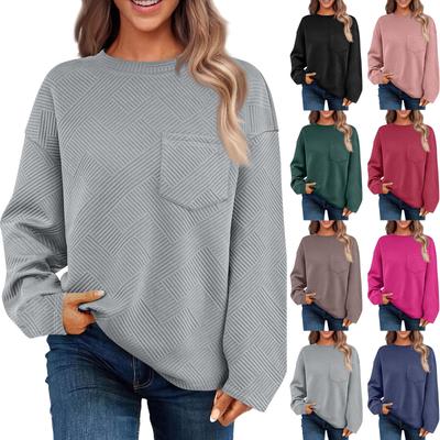 Женская однотонная повседневная фактура с карманами, с длинными рукавами, свитшот, круглый вырез, пуловер, топ