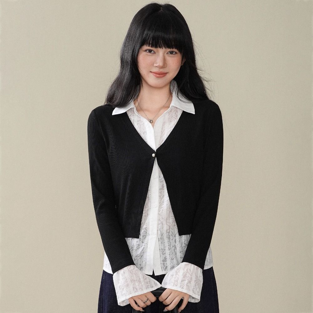 Flip Collar False Two-piece Top Korean Style Lace Long Sleeved Knitwear Knitted Top Women Party