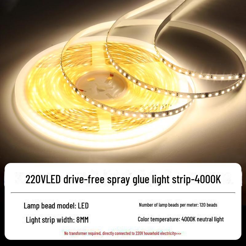 220V LED Self-Adhesive Linear Light Strip, 2835 Soft Light for Troughs and Counters, Driver-Free.