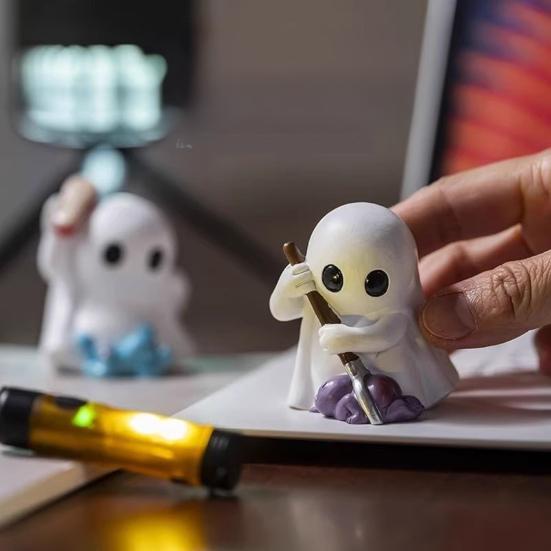 1/2Pcs Halloween Ghost Figurine Mini Cartoon Ghost Statue PVC Sculpture Miniature Ghost Ornament Home Office Desktop Decoration