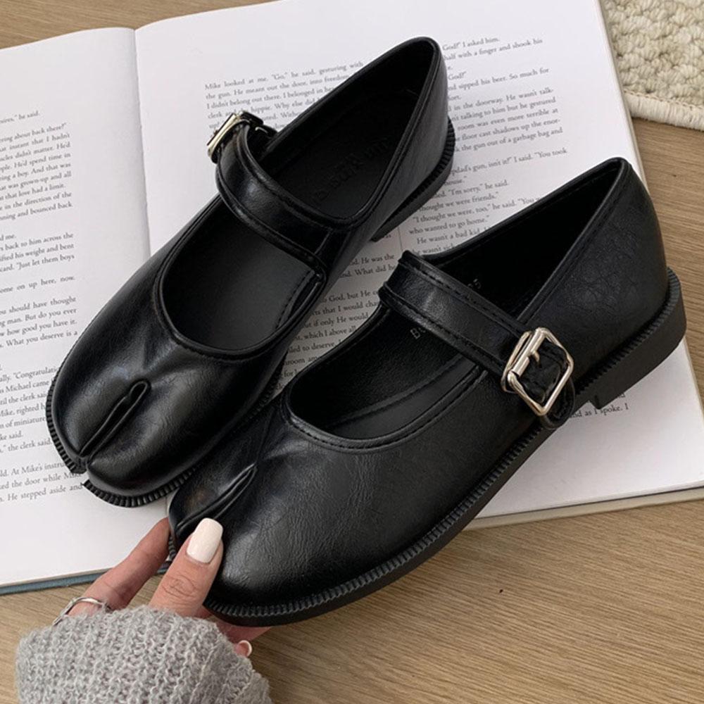 Туфли Мэри Джейн с раздельным носком для женщин Туфли-таби на квадратном каблуке Лоферы Весна-Лето Мягкие женские туфли-лодочки из кожи