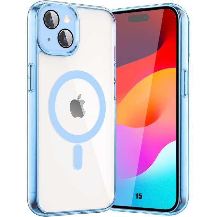 Case for iPhone 15 with Magnetic Circle, Shockproof Hard Case Blue Outline + Tempered Glass Camera Protection