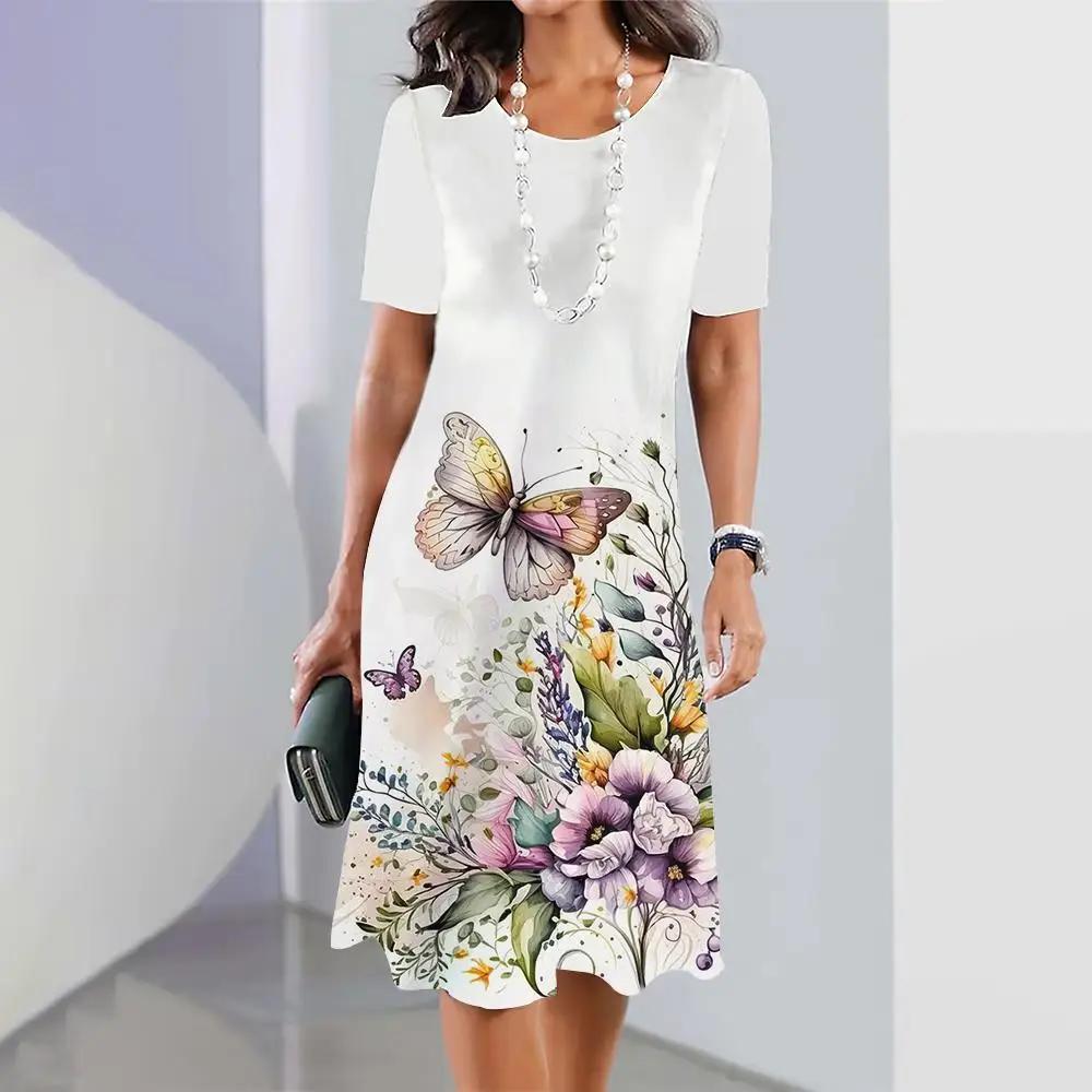 Платья для женщин больших размеров с принтом в виде 3D-бабочки и цветов Элегантная одежда с короткими рукавами Платье А-силуэта в стиле ретро Цветная одежда