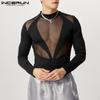 Men Long Sleeve Mesh Sheer Patchwork Bodysuits See Through Club Playsuits
