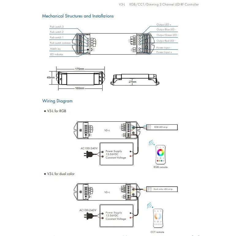 Skydance V1-L V2-L V3-L V4 V5 CV Controller(Push Dim) For LED Strip Lights Single Color Dual Color RGB RGBW RGB+CCT 12-48VDC