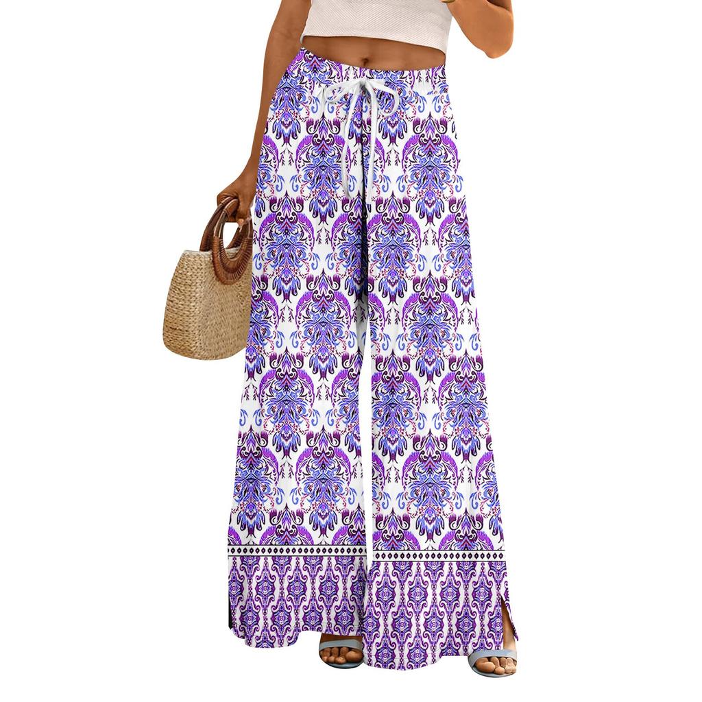 Women Summer Boho Palazzo Pants High Waist Wide Leg Floral Printing Casual Trousers With Pockets