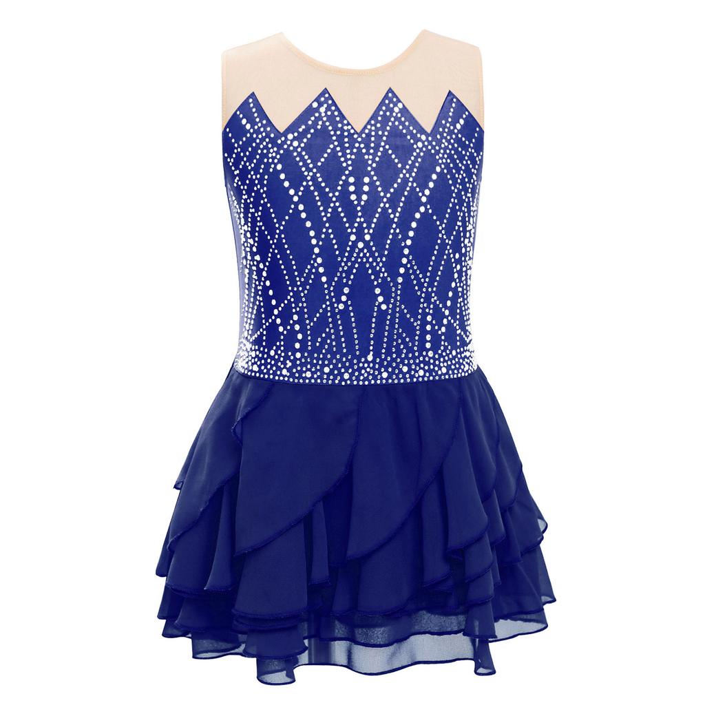 Платье для фигурного катания для девочек, круглый вырез, без рукавов, блестящие стразы, многоярусная юбка с оборками, танцевальный костюм для соревнований